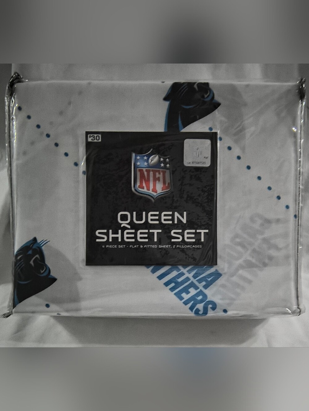 NFL Panthers Queen Sheet Set in White and Blue Panthers Design